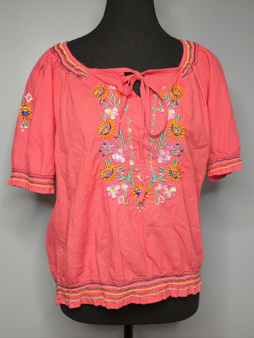 Cute Options Coral Pink Floral Embroidered Boho Peasant Blouse – Made in India M